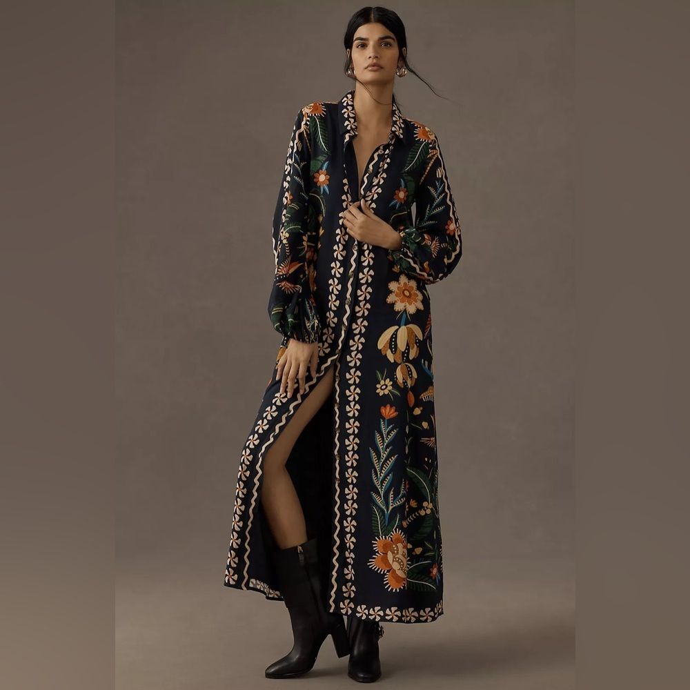 Farm Rio Floral Long-Sleeve Button-Front Midi Shirt Dress- XXS